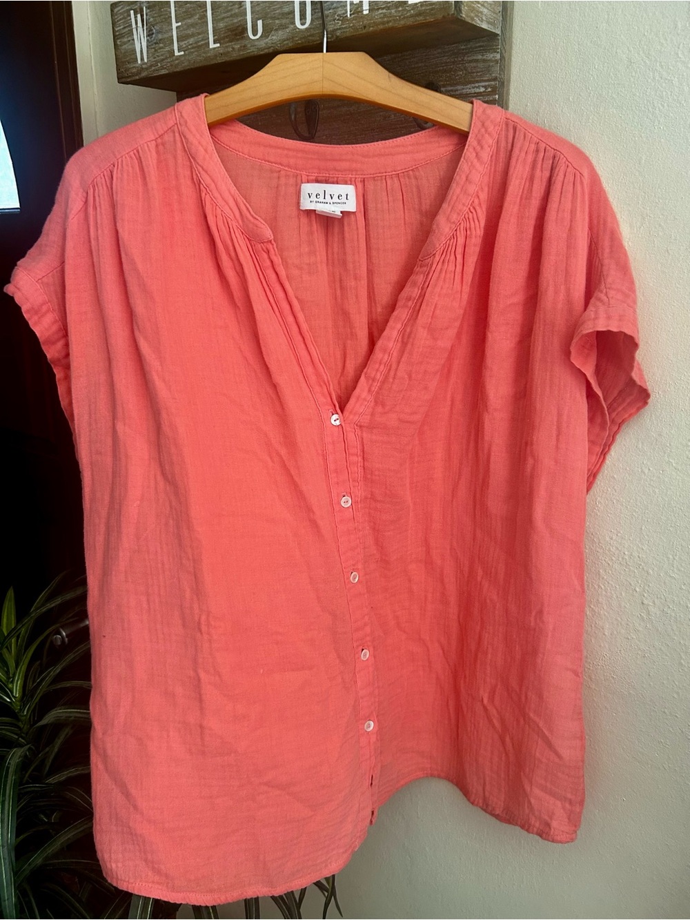 Pamela Top Velvet by Graham & Spencer Coral Button-Down Short Sleeve Top